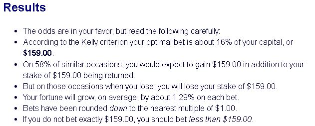 1:1 payout, 58% chance of winning. Kelly spits out 15.9% as the ideal bet!